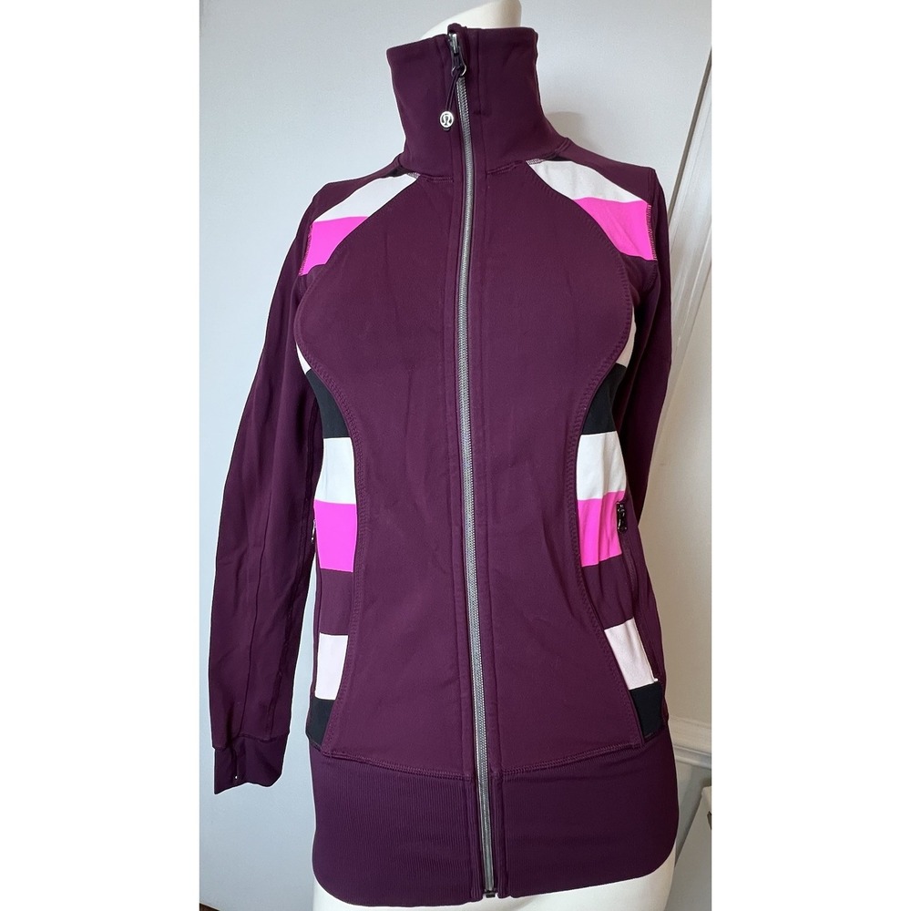 Lululemon‎ Nice Asana Jacket, Full Zip, Plum Pow Stripe Raspberry, Size 4?